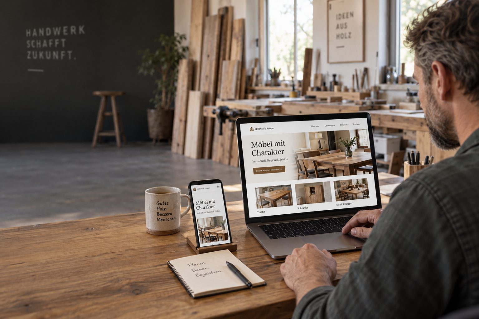 Symbolbild: Inhaber eines Handwerksbetriebs prüft seine neue Website auf Laptop und Smartphone